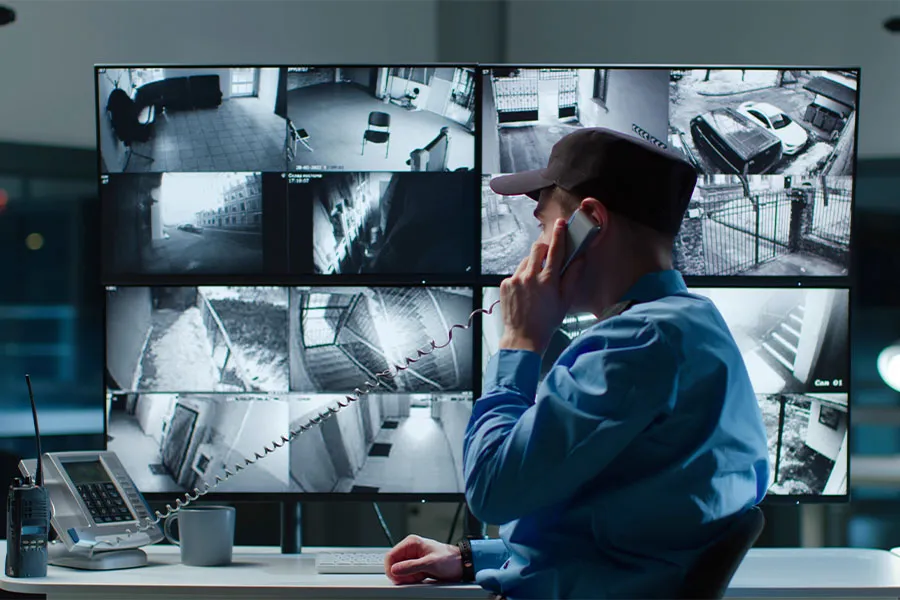 Professional security guard watching CCTV screens