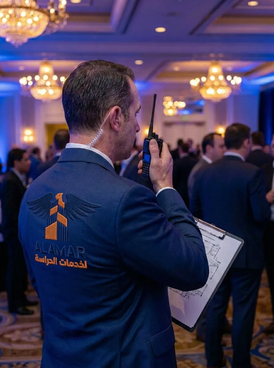 professional security operation supervisor standing looking at corporate event plan holding walkie talkie